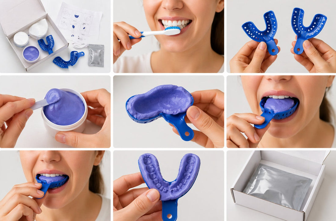 Collage showing step-by-step instructions for using an at-home teeth impression kit including preparation, tray selection, material application, and final impression
