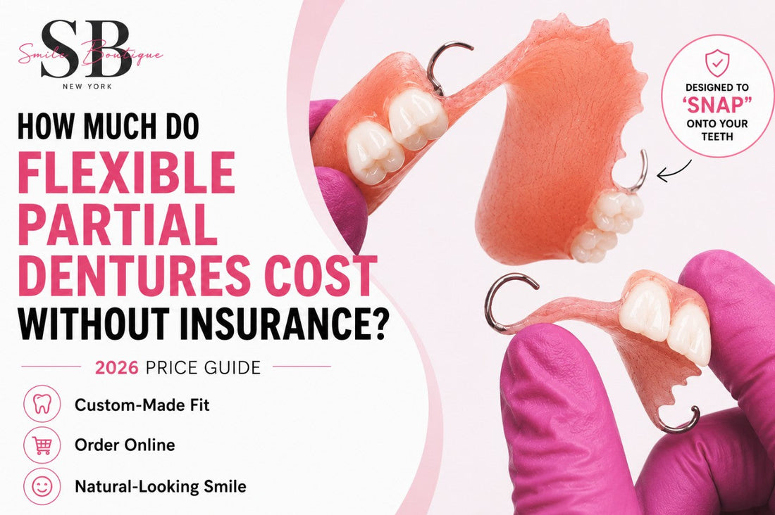 How much do flexible partial dentures cost without insurance? Custom flexible partial dentures with removable tooth replacement design and Smile Lab USA branding