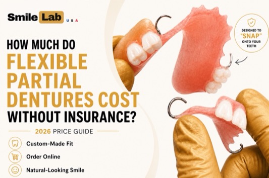 How much do flexible partial dentures cost without insurance? Custom flexible partial dentures with removable tooth replacement design and Smile Lab USA branding