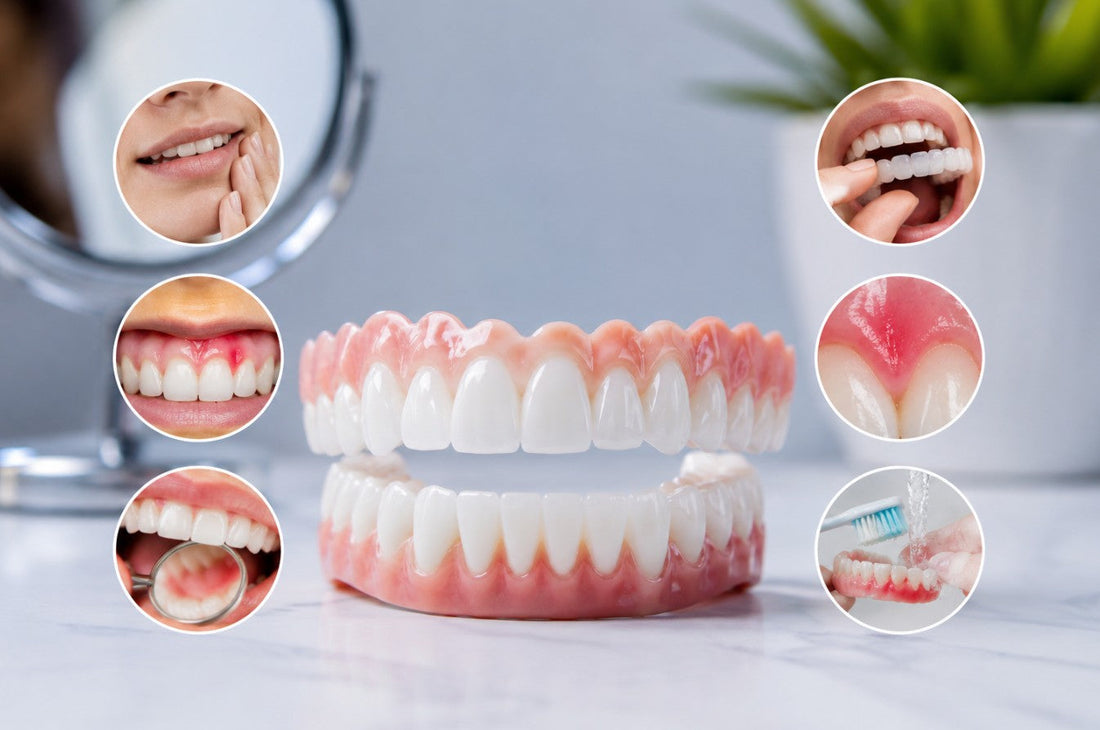 Snap-on veneers with common side effects including gum irritation, fit, cleaning, and comfort issues. Educational image for a Smile Lab USA guide on preventing removable veneer problems.