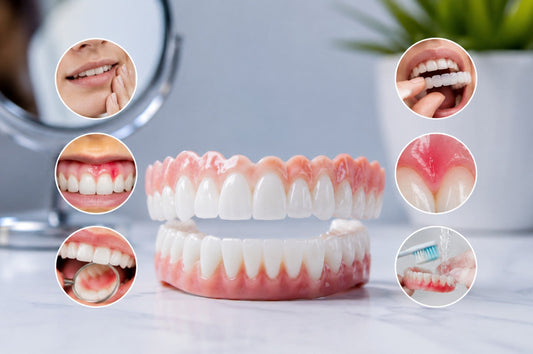Snap-on veneers with common side effects including gum irritation, fit, cleaning, and comfort issues. Educational image for a Smile Lab USA guide on preventing removable veneer problems.