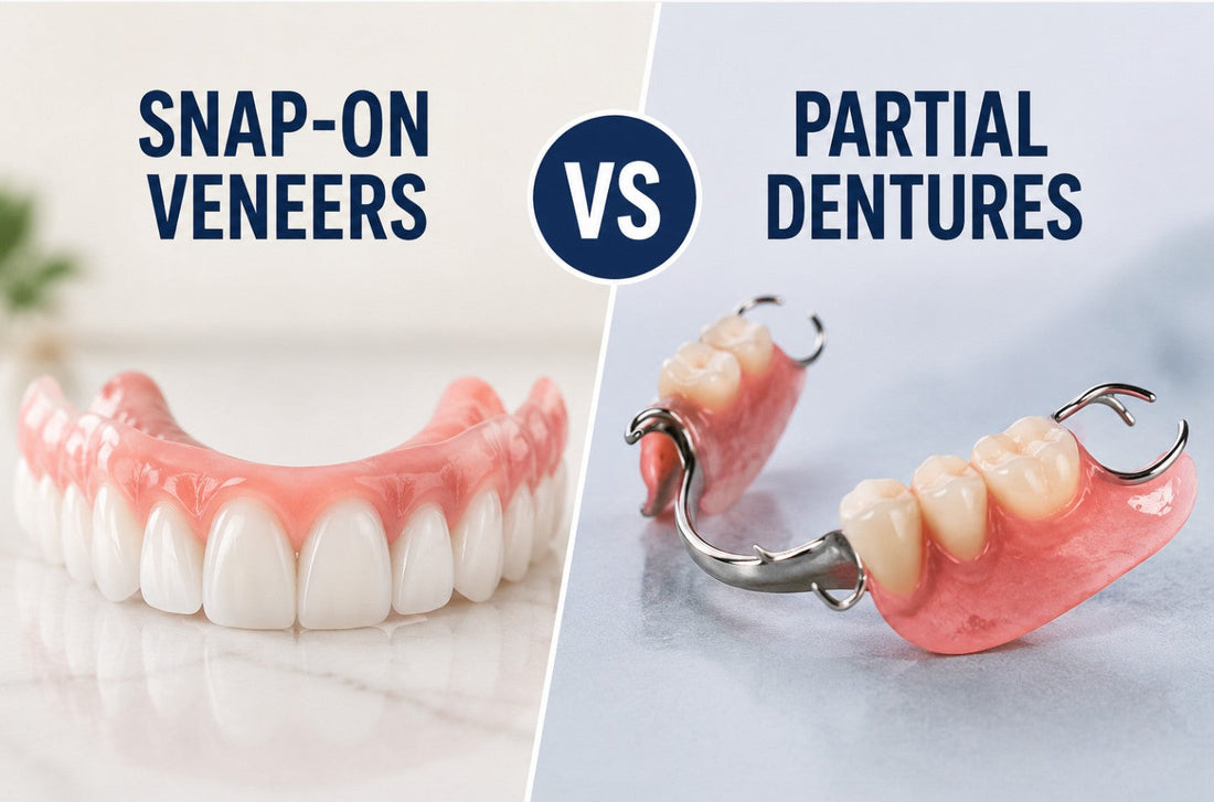 Comparison of snap-on veneers and partial dentures, highlighting cosmetic smile enhancement and removable tooth replacement options for people with missing teeth.