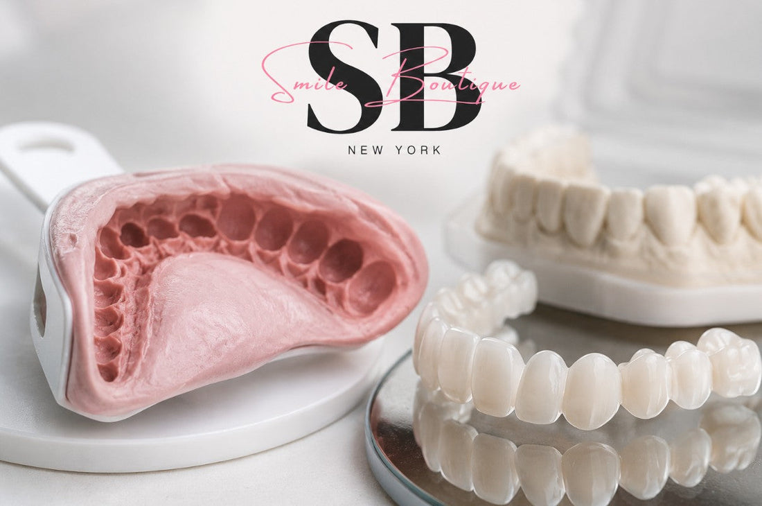 Dental teeth impression mold next to snap-on veneers with Smile Lab USA logo, showing why accurate teeth impressions matter for custom veneer fit and comfort.