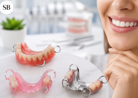 Comparison of acrylic, flexible, and metal cast partial dentures displayed alongside a smiling patient. Educational hero image explaining common partial denture side effects and removable tooth replacement options from Smile Lab USA.