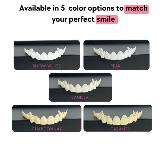 Five dental snap-on veneers options labeled Snow White, Pearl, Vanilla, Chardonnay, and Caramel on a black background.