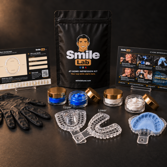 What is inside the Smile Lab USA impression kit, four trays, base and catalyst jars, shade guide and the printed impression guide