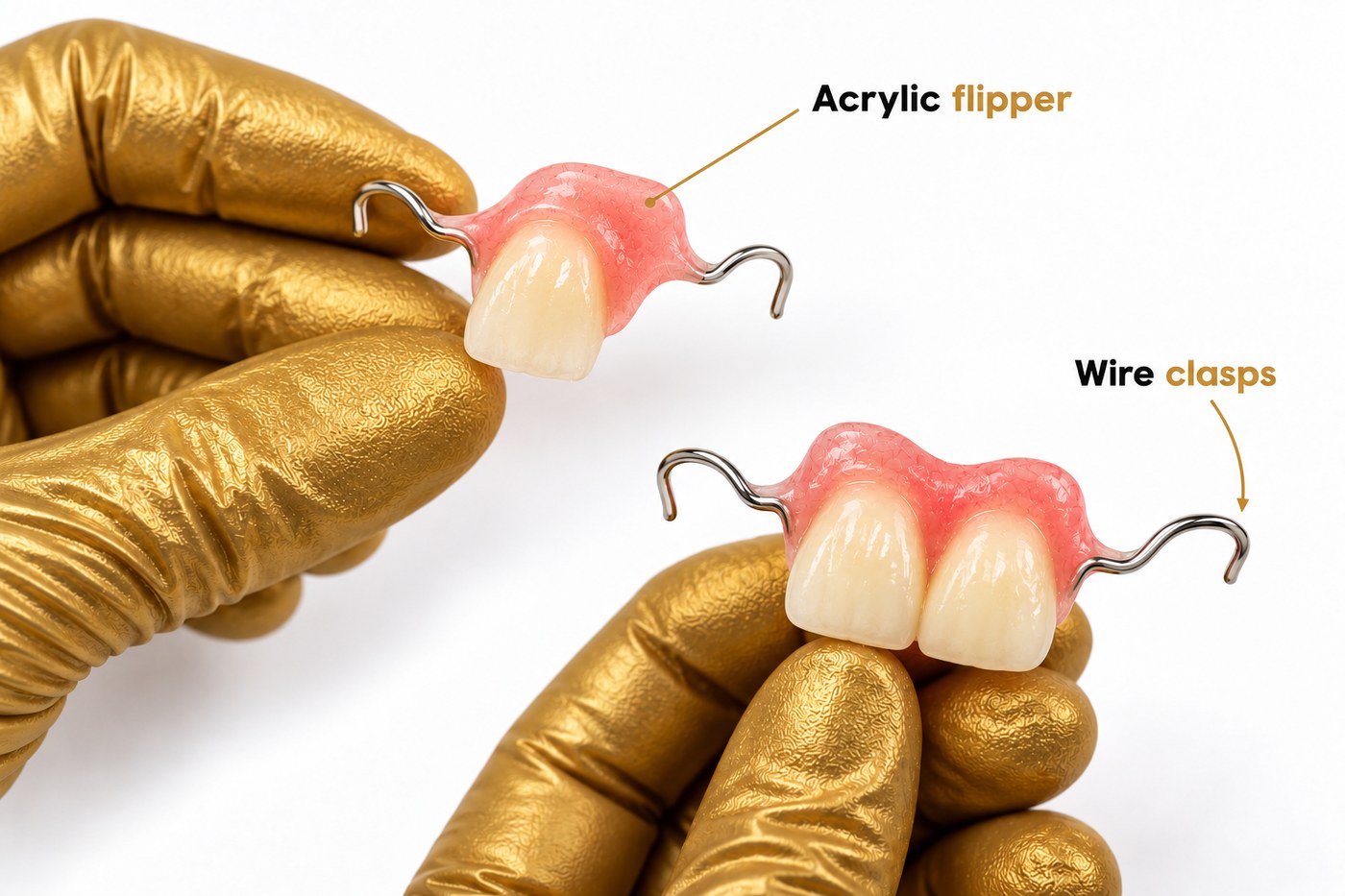Acrylic flippers with steel ball clasps in gold gloved hands