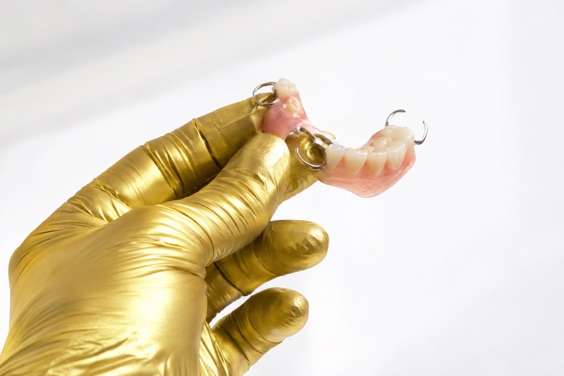 Acrylic partial denture held up, slim metal clasps in view