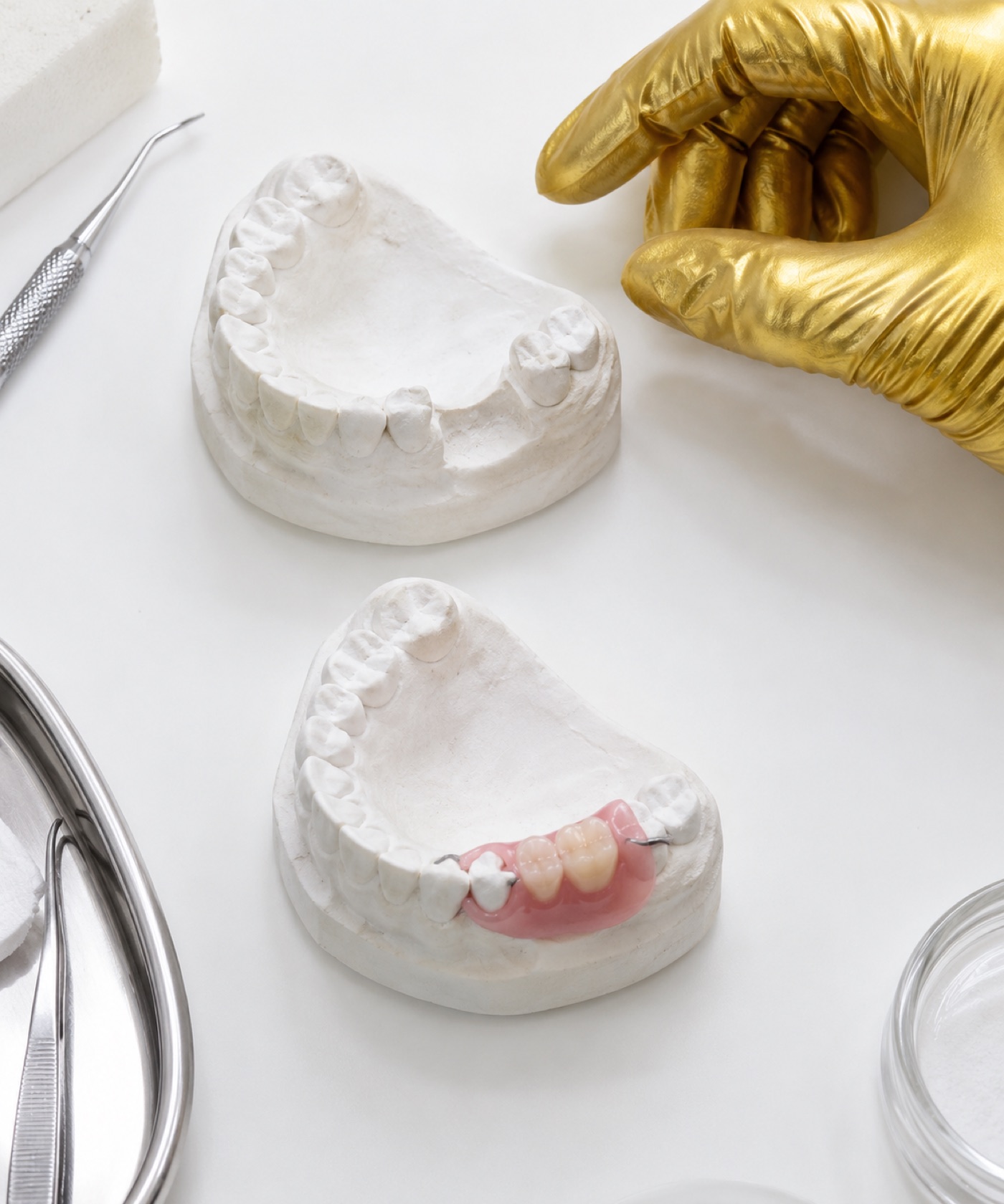 Two stone models on the bench, one with the gap and one with the flipper seated