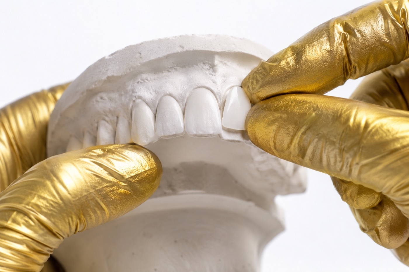 Snap-on veneers seated on a stone model, held in gloved hands