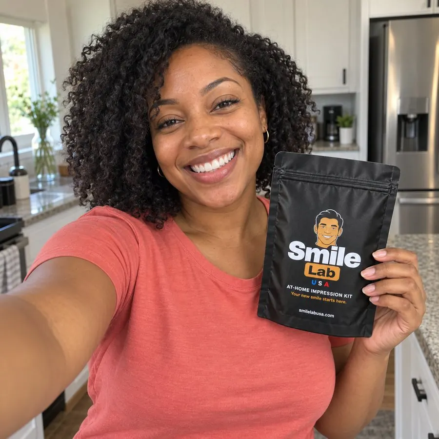 Smiling with her impression kit in the kitchen