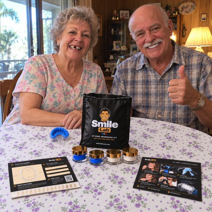 An older couple with the Smile Lab impression kit at home