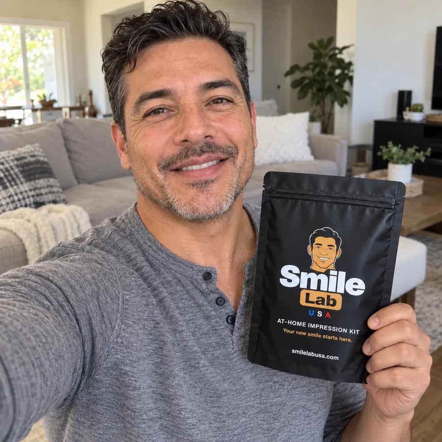 Holding his Smile Lab impression kit in the living room