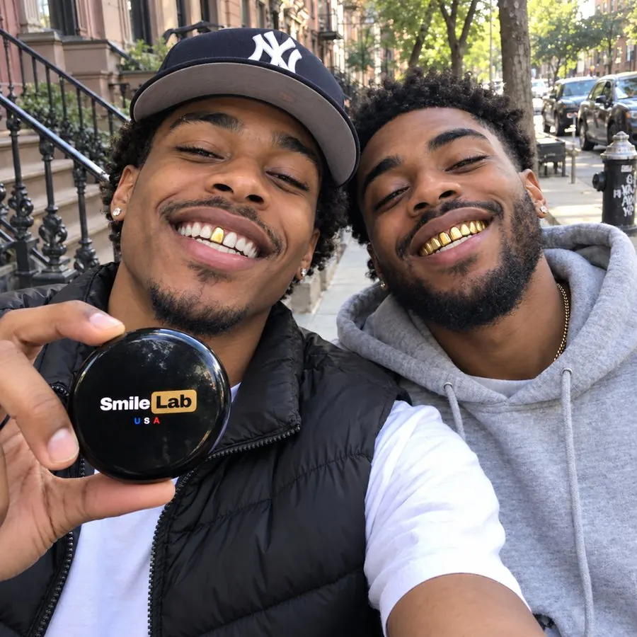 Two friends in Brooklyn with gold teeth and a Smile Lab appliance case