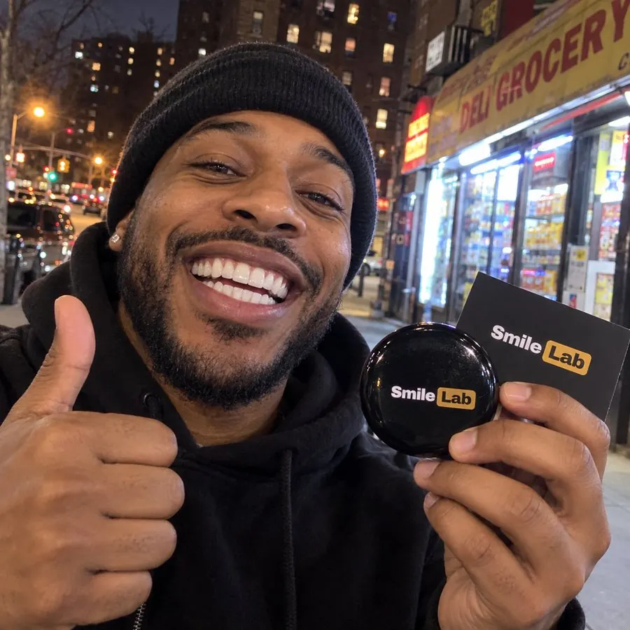 Smiling in the Bronx with his case and card