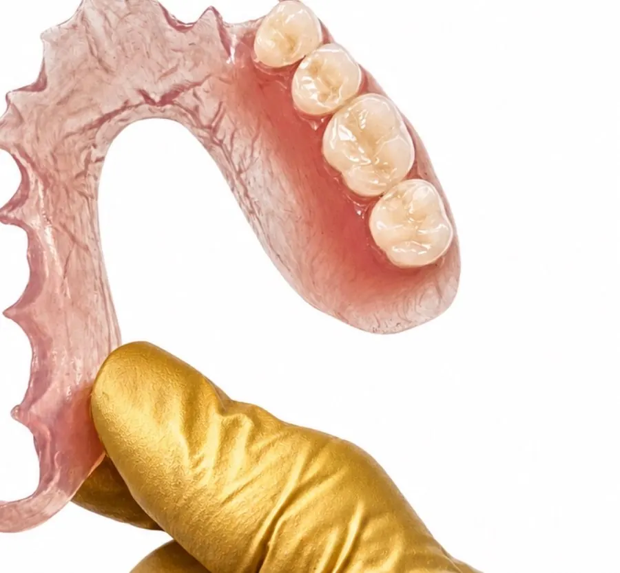 Flexible partial denture held in a gloved hand