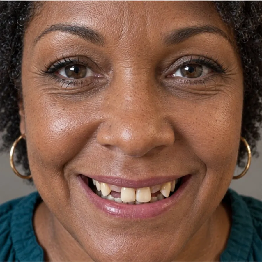 Worn and yellowed front teeth