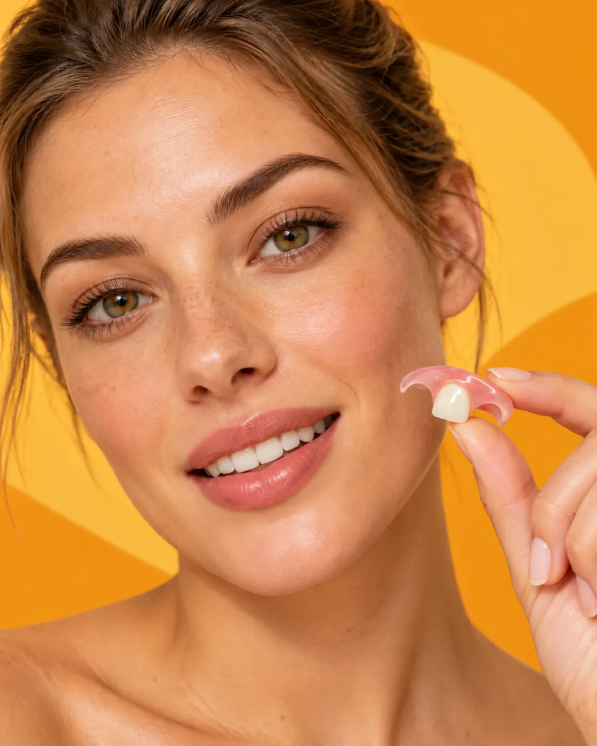 Mujer con un flipper dental flexible de 1 diente junto a su sonrisa