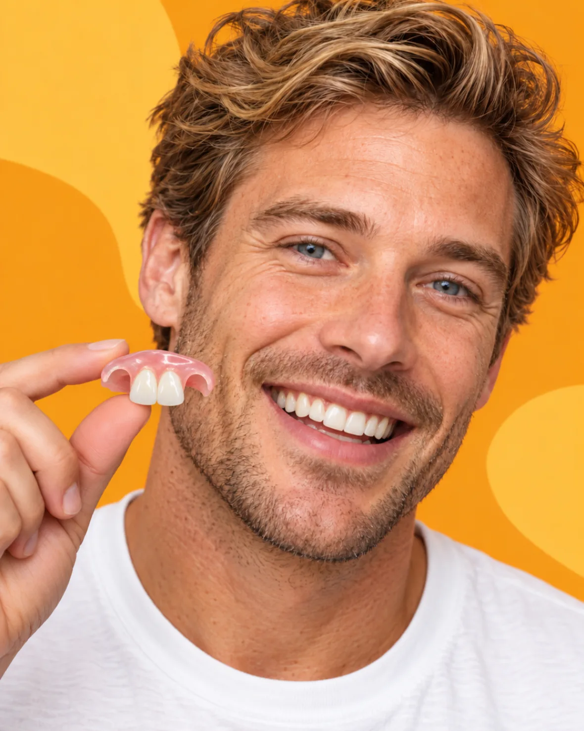 Hombre con un flipper dental flexible de 2 dientes junto a su sonrisa