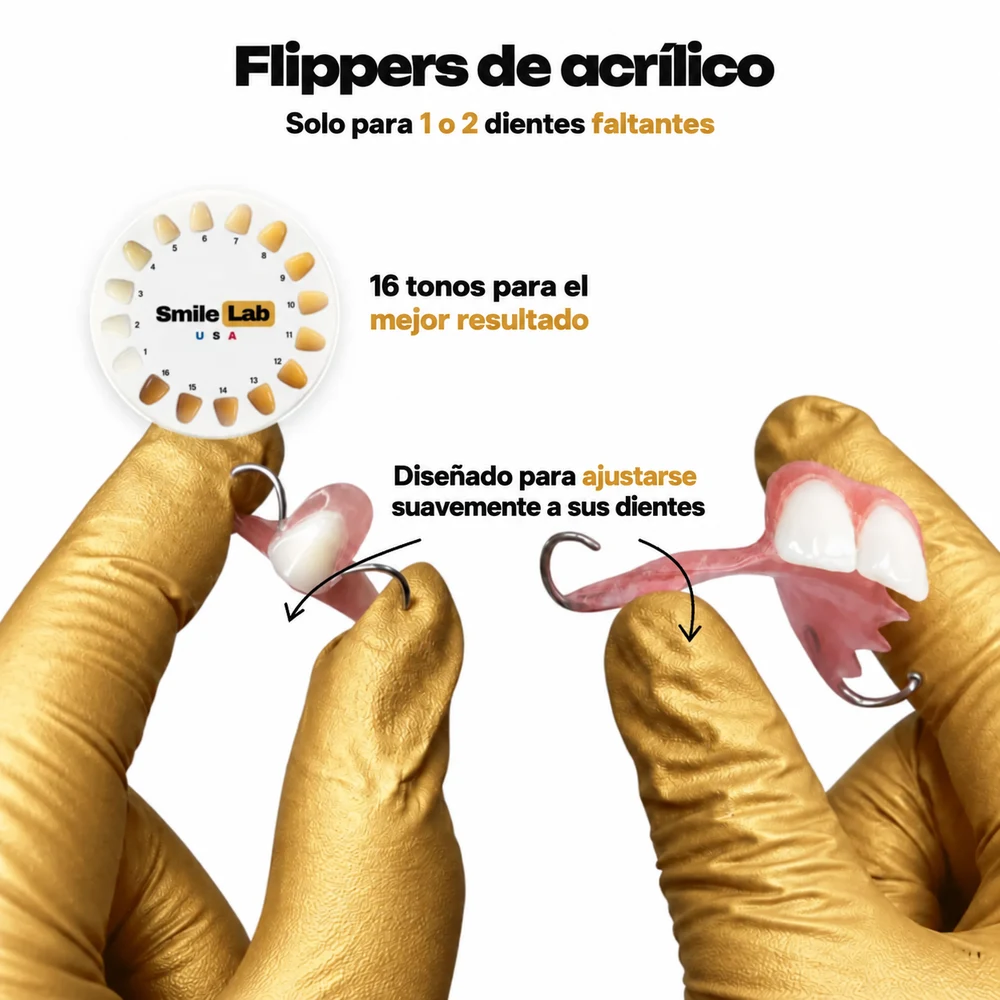 Flippers dentales de acrílico para 1 o 2 dientes faltantes — 16 tonos dentales para lograr la mejor combinación, diseñados para encajar sobre sus dientes