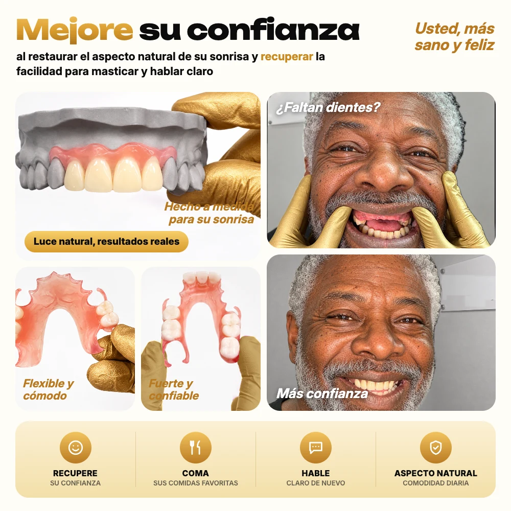 Más confianza con una dentadura parcial flexible, antes y después