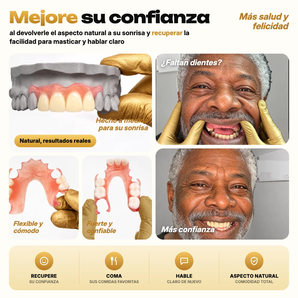 Más confianza con una dentadura parcial flexible, antes y después