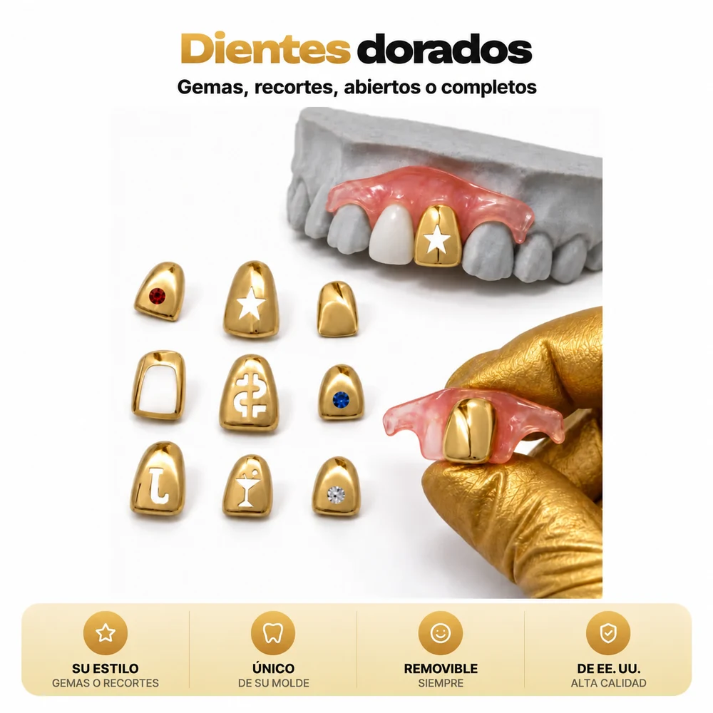 Dientes de oro removibles — hechos a la medida junto a sus otros dientes, disponibles con gemas rojas, transparentes o azules, signo de dólar, copa de martini o inicial