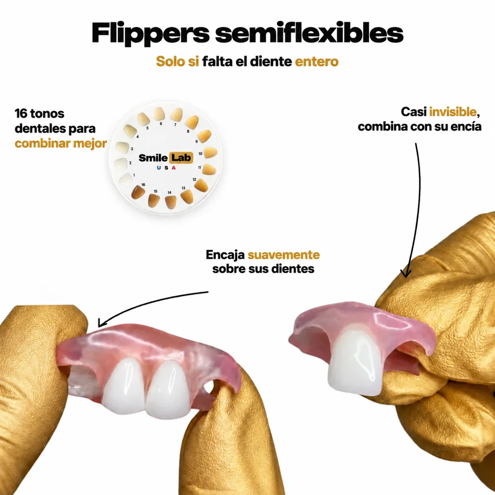 Flippers semiflexibles solo para dientes totalmente ausentes, 16 tonos para la mejor combinación, casi invisibles, del color de la encía