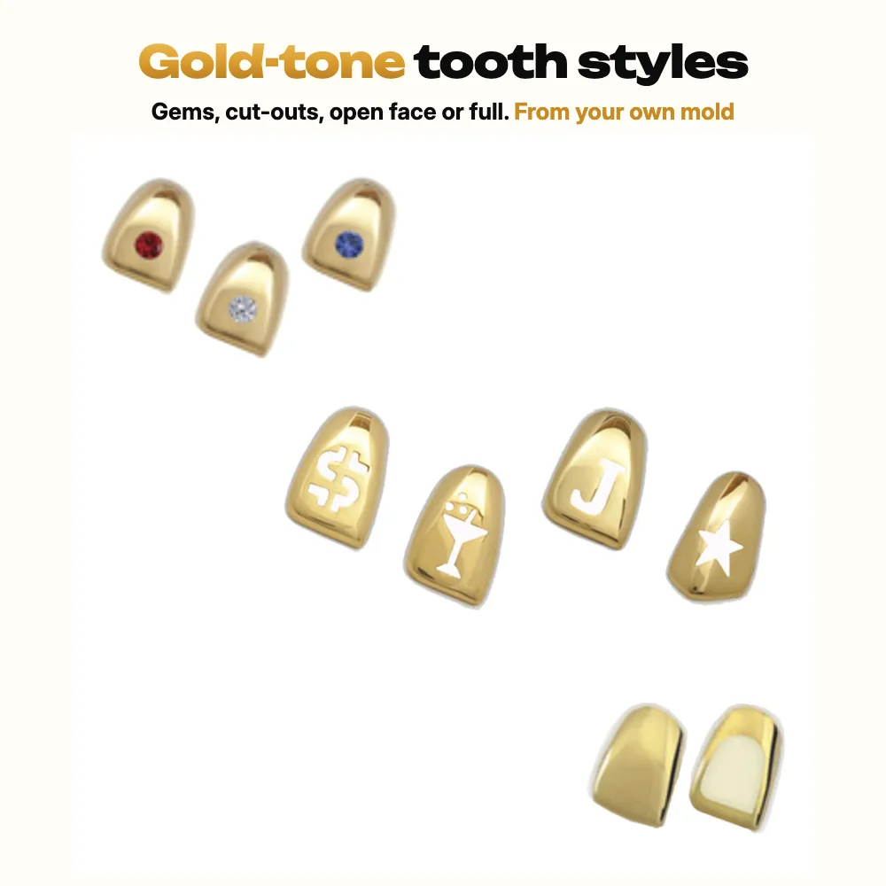 Gold-tone teeth in solid, open face, cutout and birthstone styles