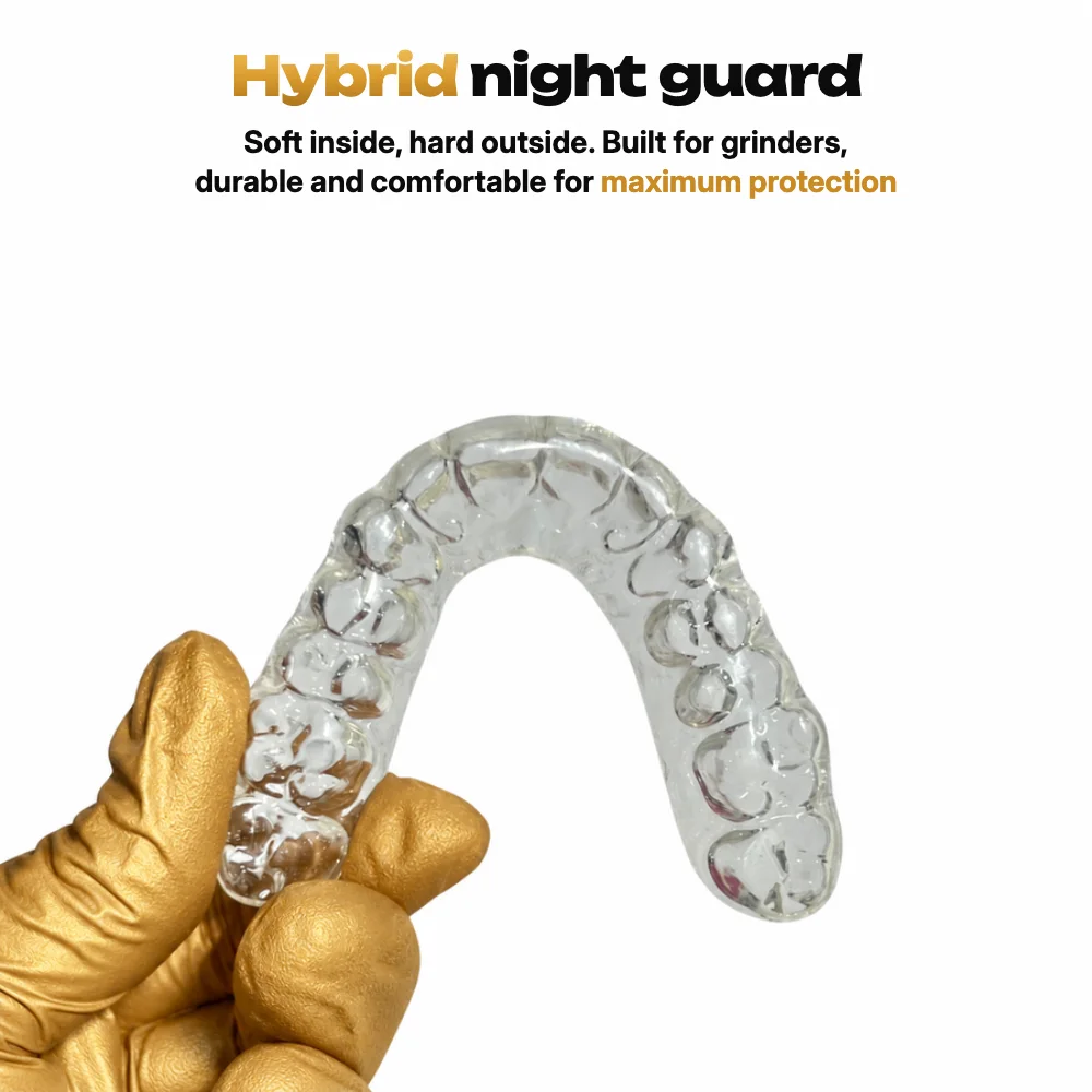 Hybrid night guard held in gloved hands