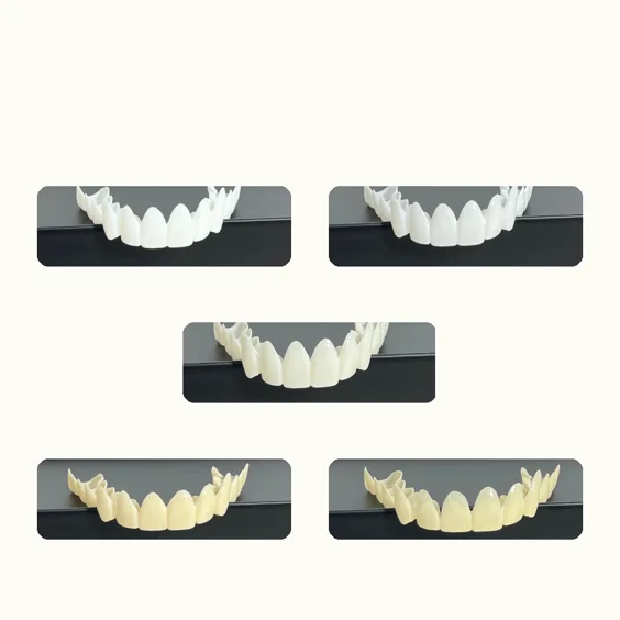 Five dental snap-on veneers options labeled Snow White, Pearl, Vanilla, Chardonnay, and Caramel on a black background.
