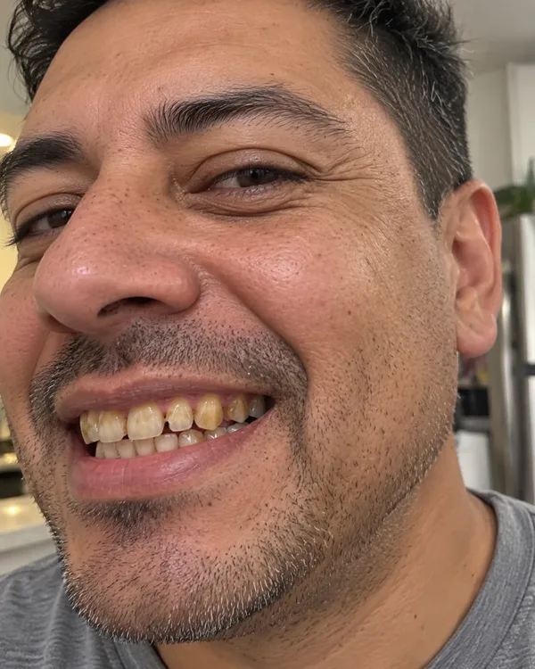 Sonrisa con dientes manchados y astillados