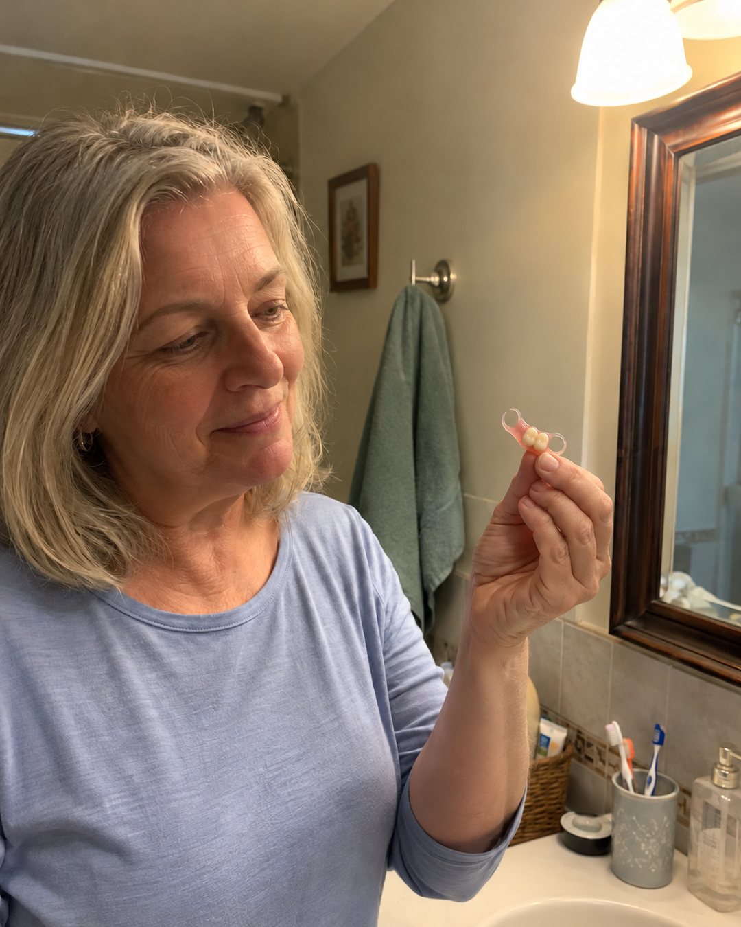 A woman at her bathroom mirror holding her flexible partial denture before putting it in