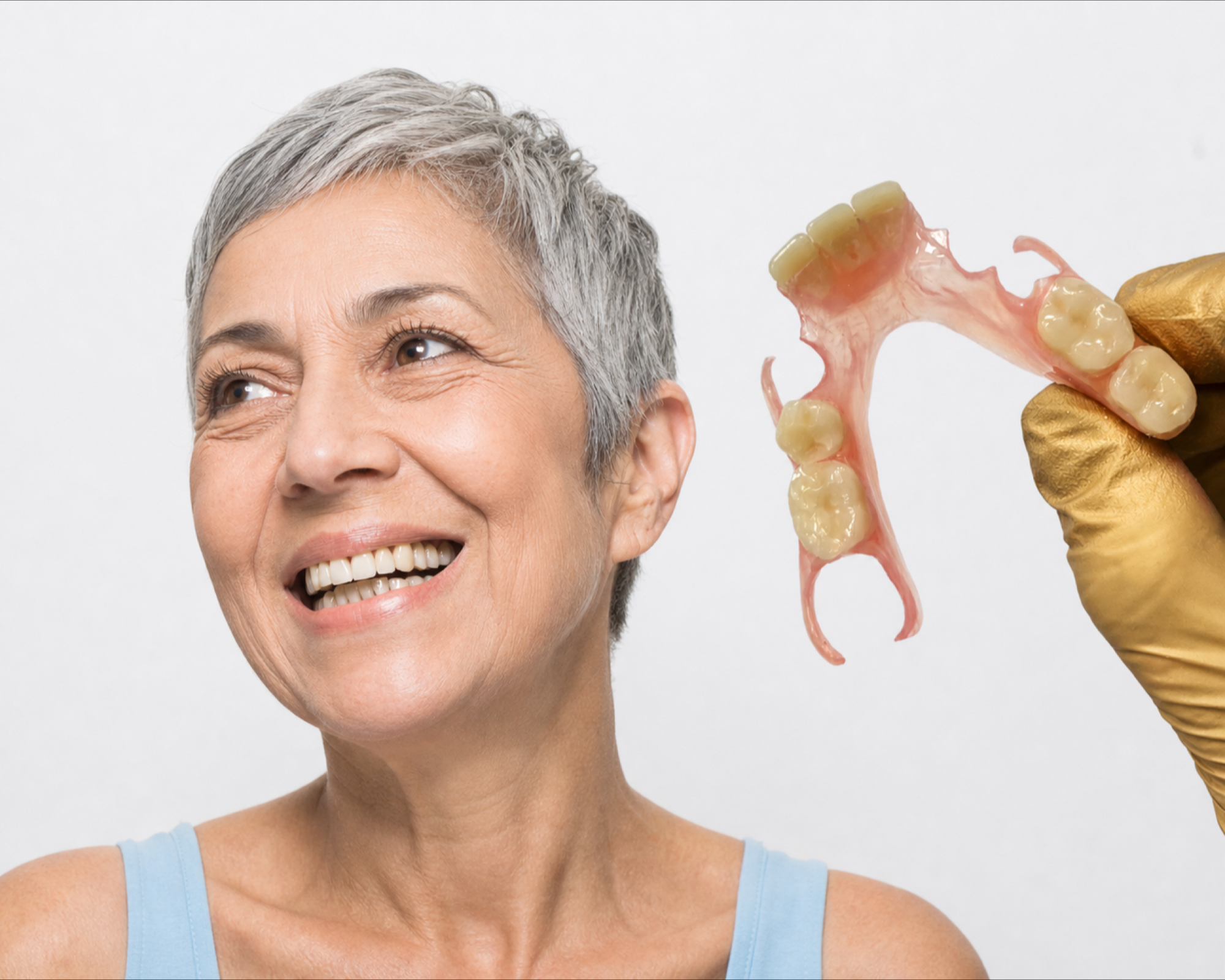 A woman smiling next to a partial denture held up by its clasp