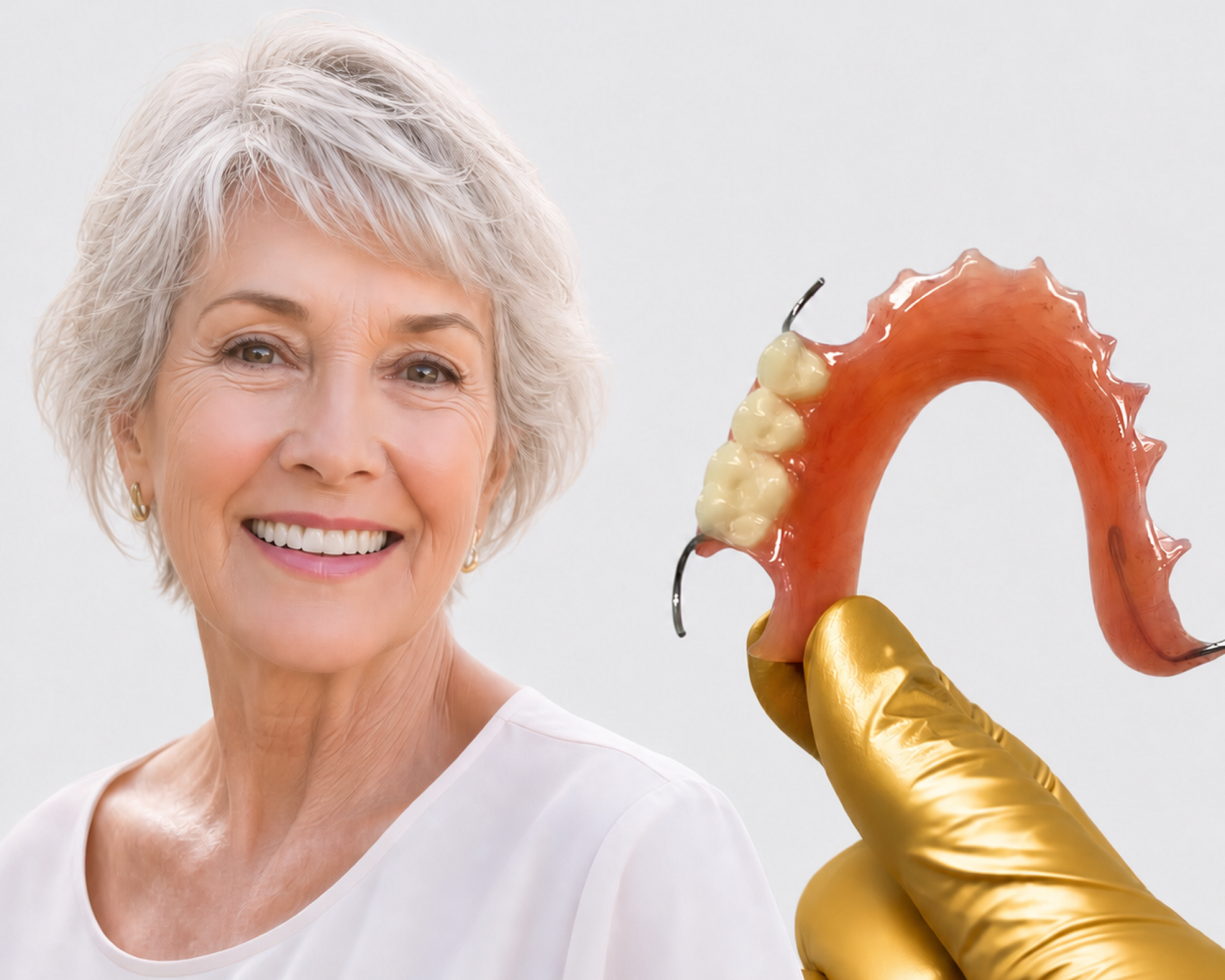 A woman smiling beside an acrylic partial denture with its wire clasp