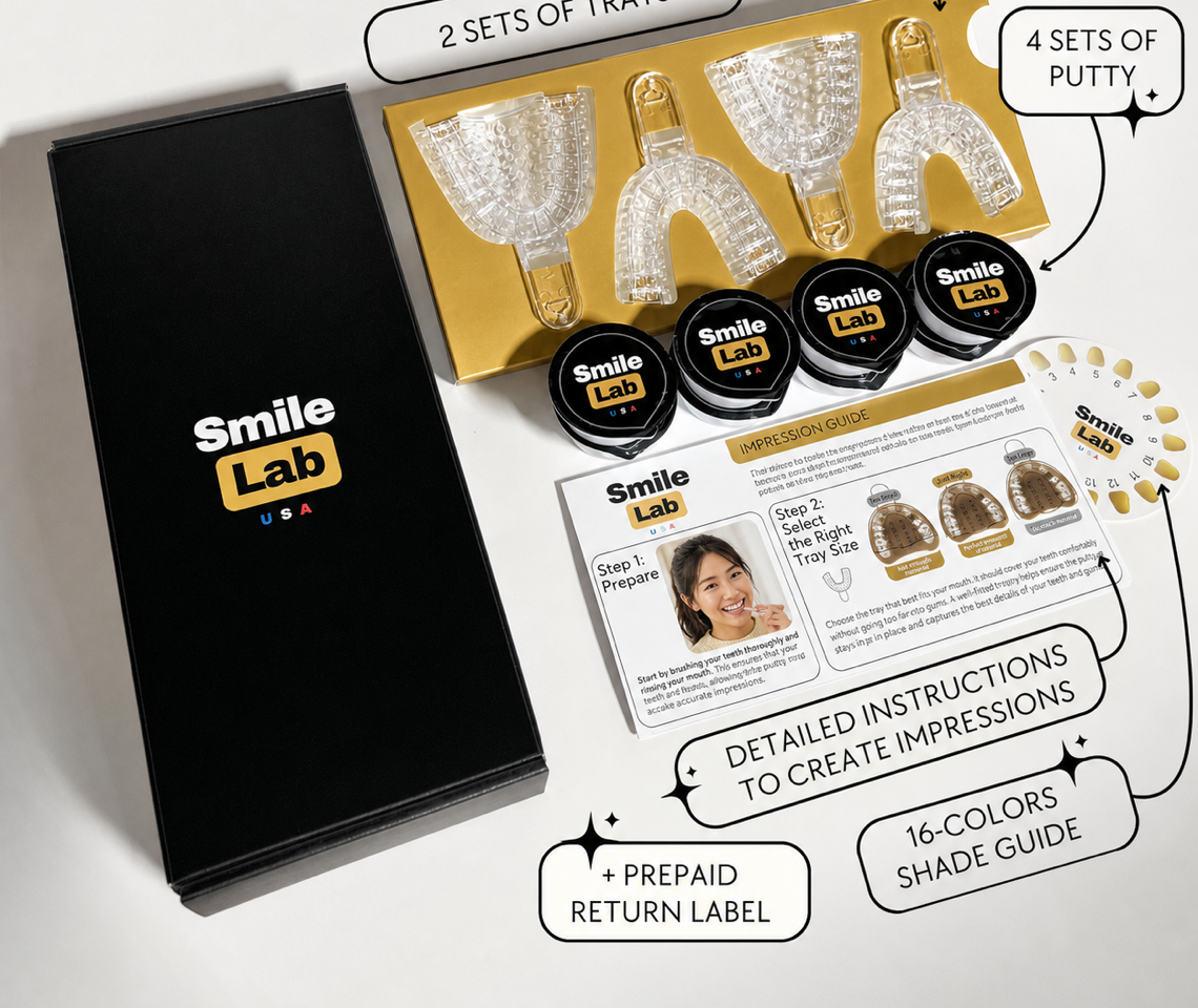 Impression kit with two sets of trays, four sets of putty, printed instructions and a 16 color shade guide