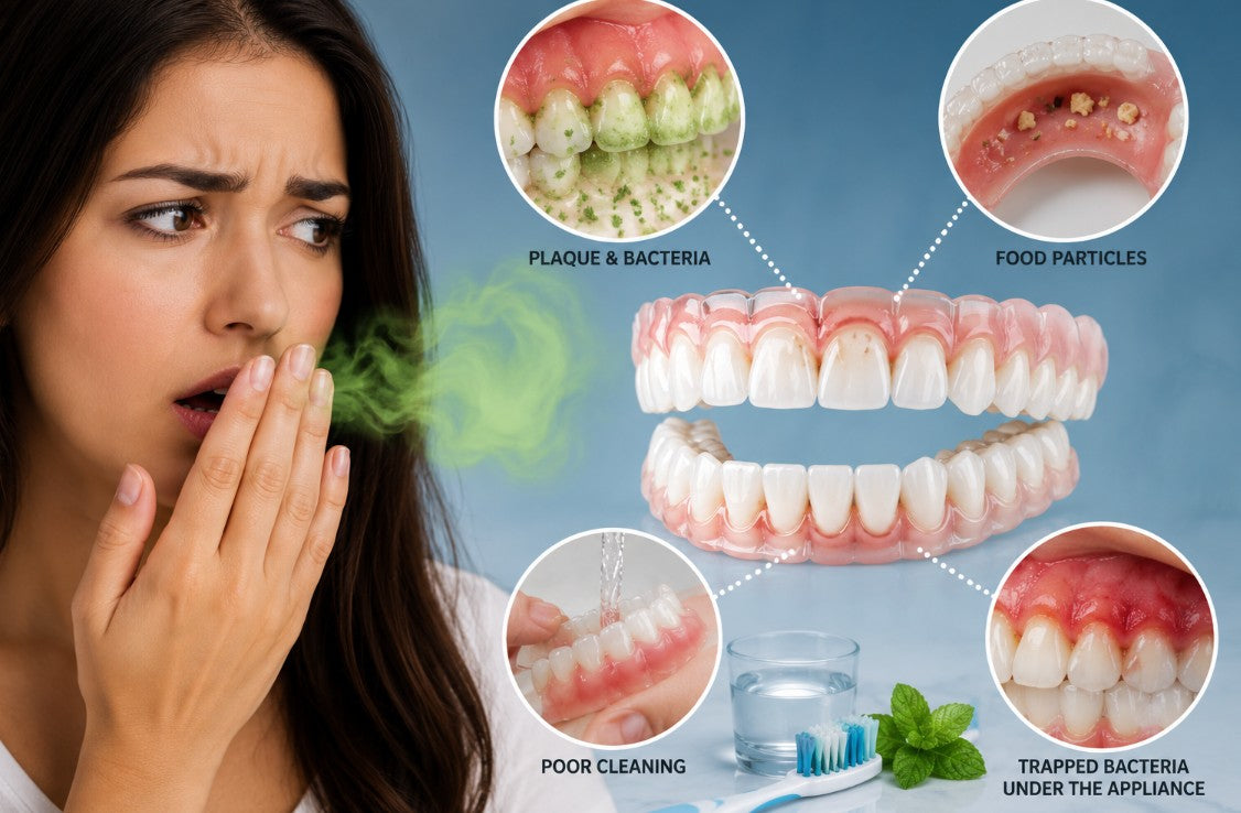 Can snap-on veneers cause bad breath? Illustration showing removable snap-on veneers, trapped food particles, plaque buildup, bacteria, and proper cleaning techniques to help prevent odor and maintain good oral hygiene.