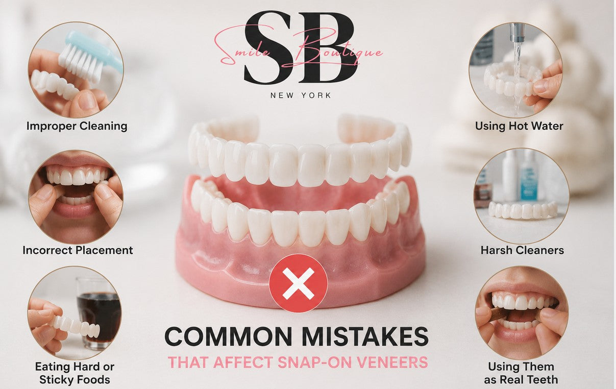Illustration showing common mistakes that affect snap-on veneers, including improper cleaning, hot water use, sticky foods, and incorrect placement, with Smile Lab USA branding.
