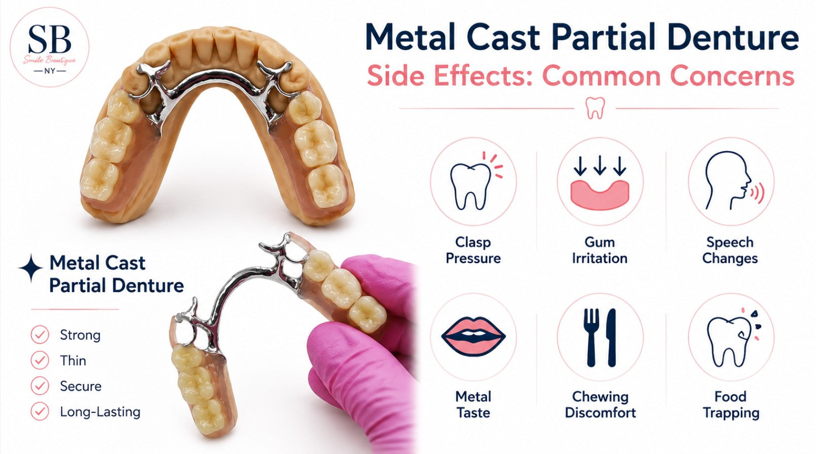 Metal cast partial denture side effects infographic showing a custom removable metal framework denture with common adjustment concerns including clasp pressure, gum irritation, speech changes, and chewing discomfort.
