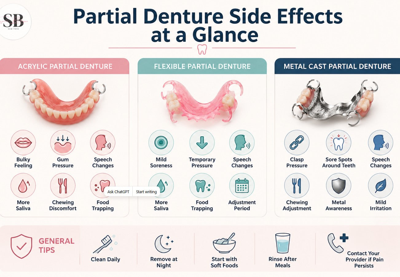 Partial denture side effects comparison chart showing acrylic, flexible, and metal cast partial dentures with common adjustment concerns, comfort features, and removable tooth replacement options from Smile Lab USA.