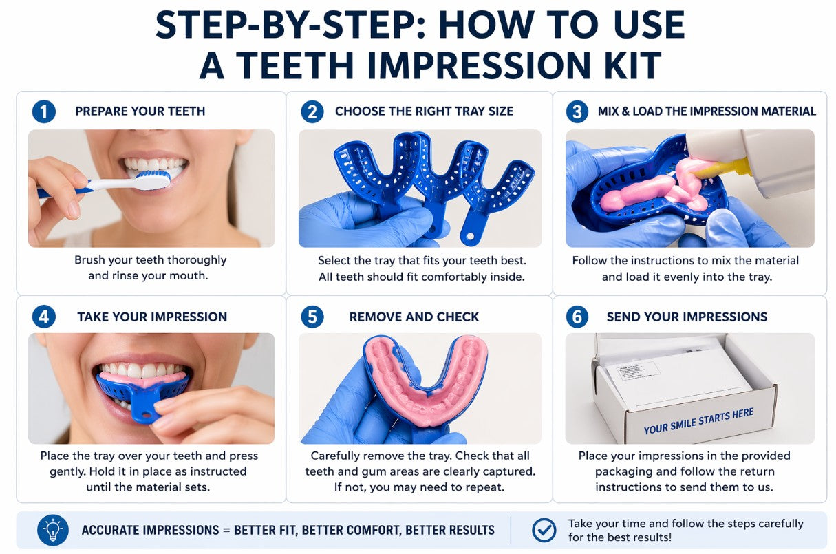 Step-by-step process of using a teeth impression kit at home for dental molds including trays, impression material, and finished teeth impression