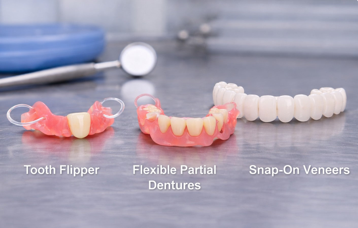 Dental clips for missing teeth including tooth flipper, flexible partial denture, and snap-on veneers on dental surface