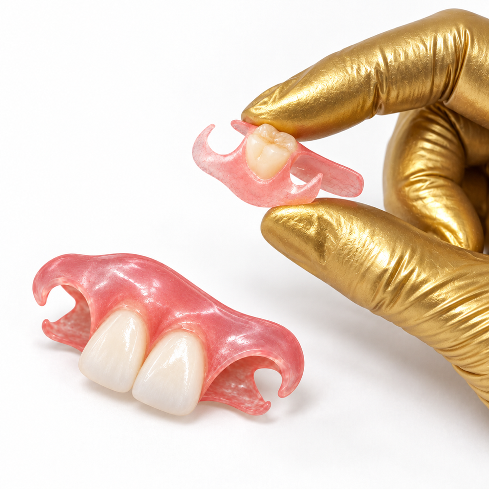 Diente removible color oro en un flipper dental