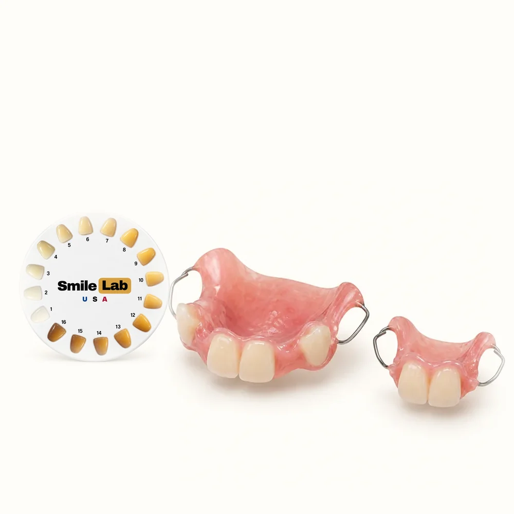 Acrylic Partial Dentures for fully missing teeth only, 16 tooth shade options for best match, designed to snap onto your teeth