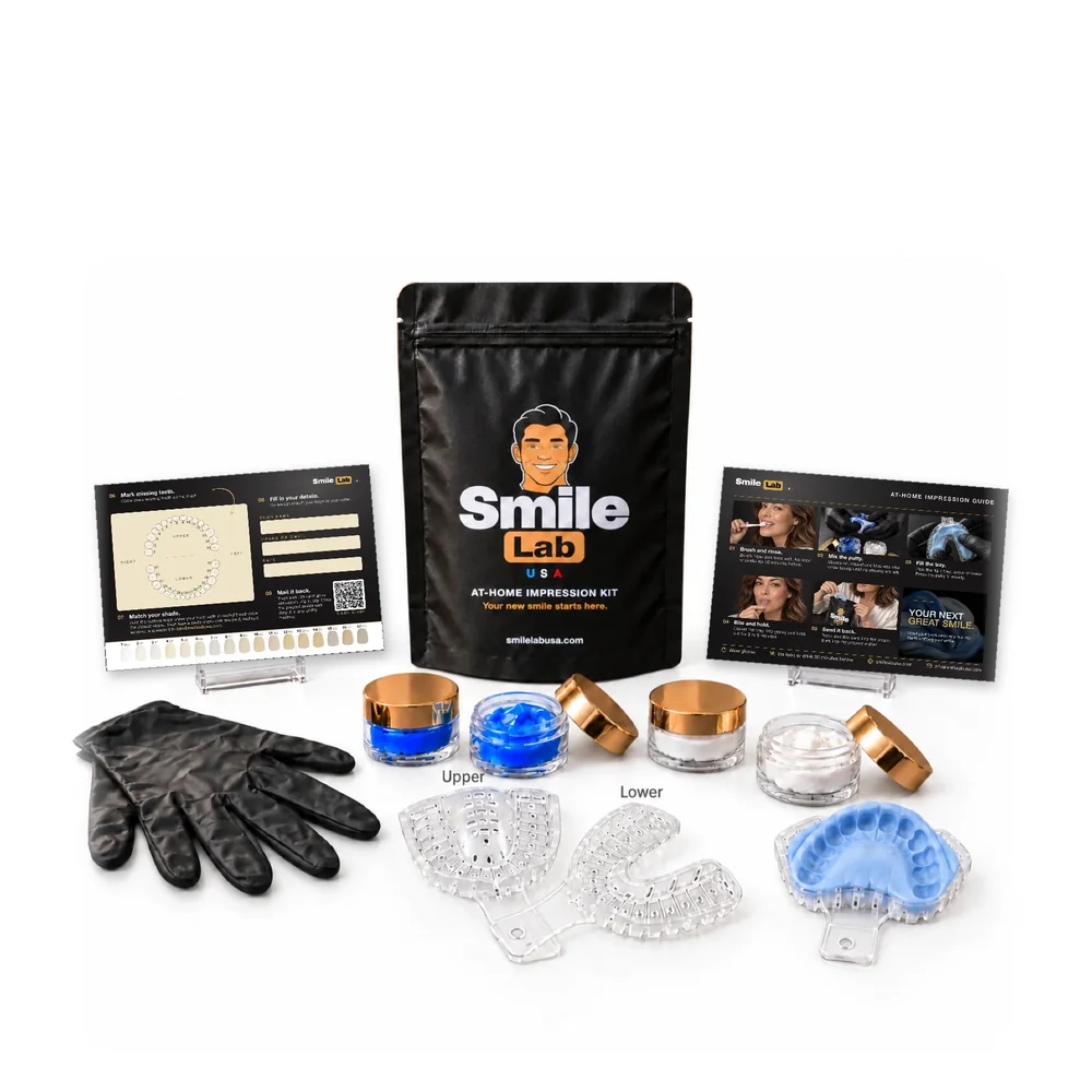 Smile Lab USA impression kit — trays, putty, shade guide and printed step-by-step Impression Guide