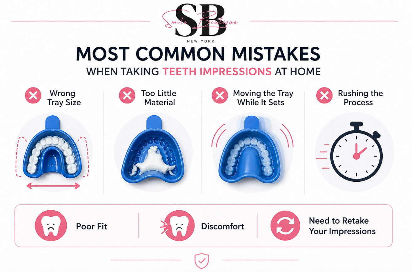 Infographic with Smile Lab USA logo illustrating common mistakes when taking teeth impressions at home including tray size, material use, movement, and rushing
