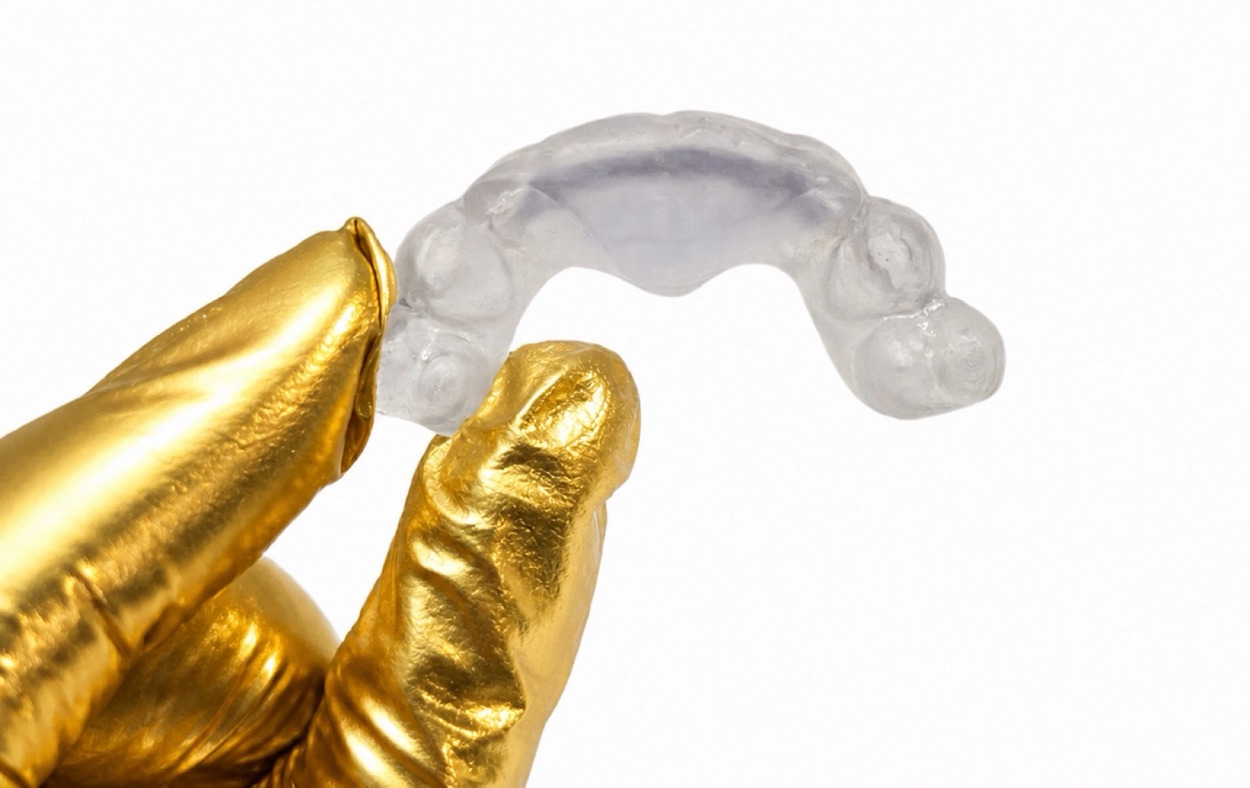 A clear muscle relaxer night guard with a flat biting surface held in a gloved hand