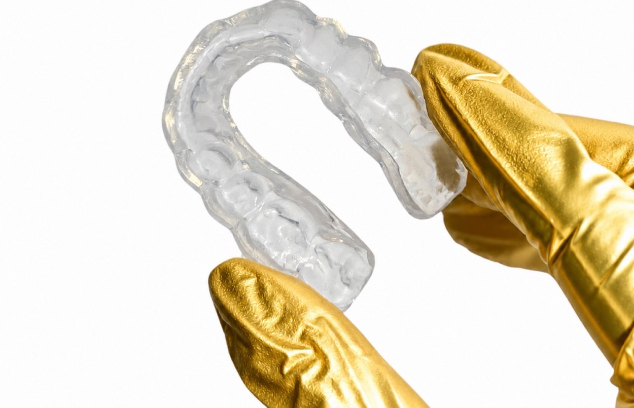 A clear soft custom night guard held in a gloved hand