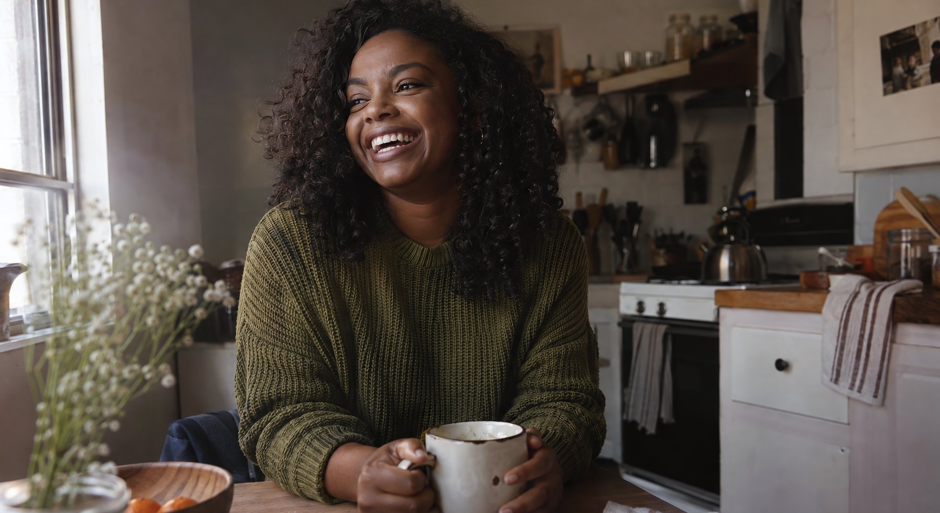 Woman laughing over coffee at her kitchen table at home